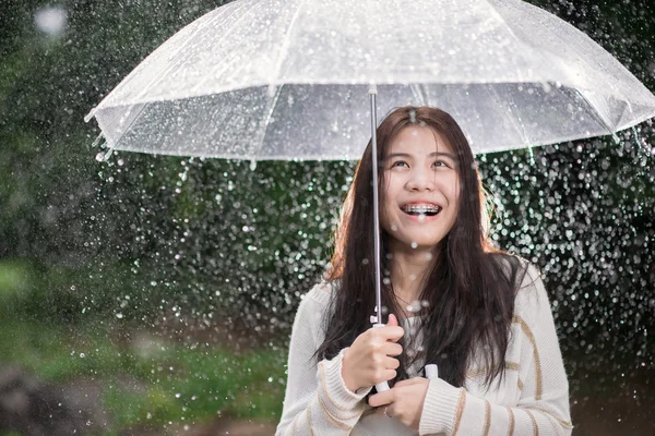 Happy Asian girl with transparent umbrella among the rain — Stock Photo, Image