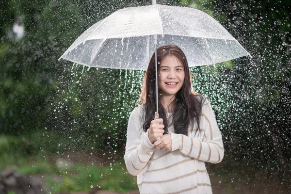 Happy Asian girl with transparent umbrella among the rain — Stock Photo, Image