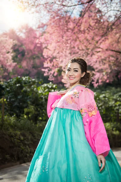 Hanbok: o vestido coreano tradicional e bela menina asiática com sakura — Fotografia de Stock