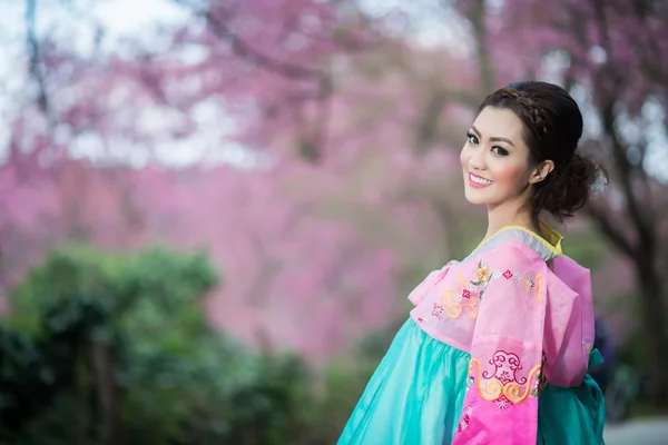 Hanbok: il tradizionale abito coreano e bella ragazza asiatica wi — Foto Stock