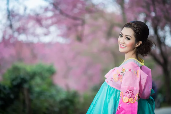 Hanbok: o vestido tradicional coreano e bela menina asiática wi — Fotografia de Stock