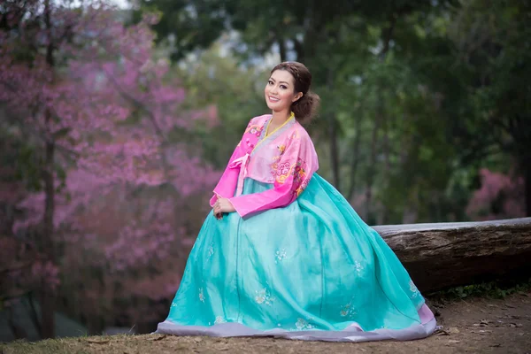 Hanbok: o vestido tradicional coreano e bela menina asiática wi — Fotografia de Stock