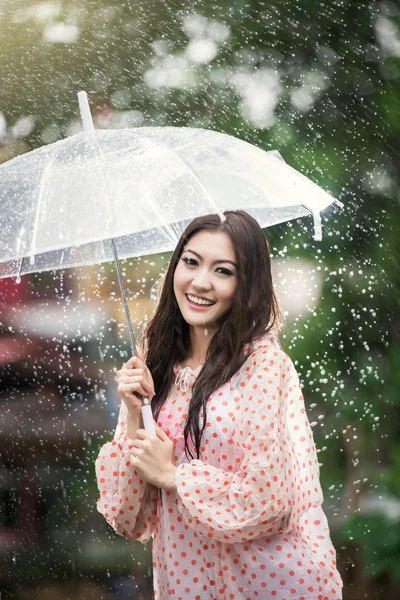 Όμορφη κοπέλα στη βροχή με διαφανή ομπρέλα — Φωτογραφία Αρχείου