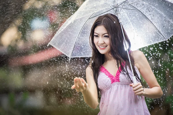 Beautiful girl in the rain with transparent umbrella — Stock Photo, Image