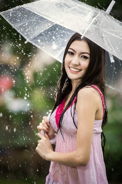 Beautiful girl in the rain with transparent umbrella — Stock Photo, Image