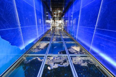 HONG KONG, CHINA - JUN 12, Colorful corridor in Sky100 on JUNE 12, 2015 Hong Kong, China. Sky100 is a observation deck on the 100th floor of the International Commerce Centre