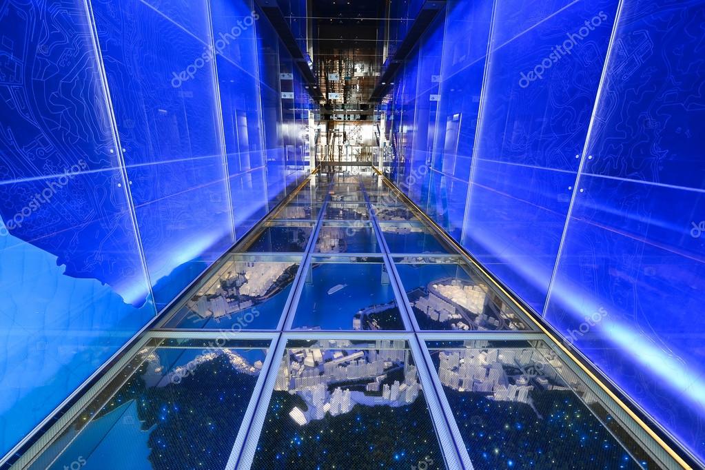 HONG KONG, CHINA - JUN 12, Colorful corridor in Sky100 on JUNE 12, 2015 Hong Kong, China. Sky100 is a observation deck on the 100th floor of the International Commerce Centre