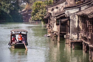 WUZHEN, CHINA, SEP 27, 2015: Old water town on September 27, 2015. Wuzhen Suzhou Jiangsu China Wuzhen Suzhou Jiangsu China is a major city in the southeast of Jiangsu Province in Eastern China clipart