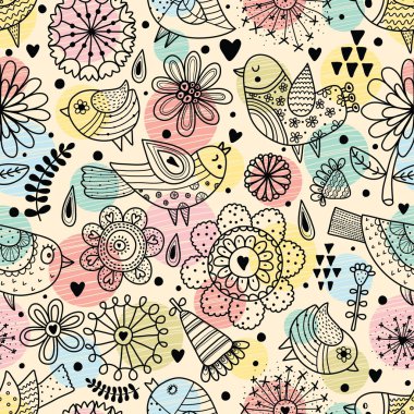 çizgi film kuşları çiçekler ile Seamless Modeli