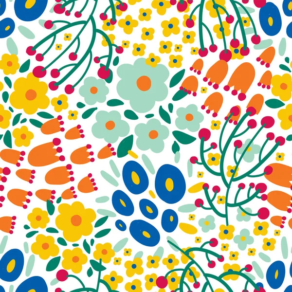 春の花とかわいい花のシームレスなパターン ヴィンテージの花のイラスト ファッションプリントのテンプレート — ストックベクタ