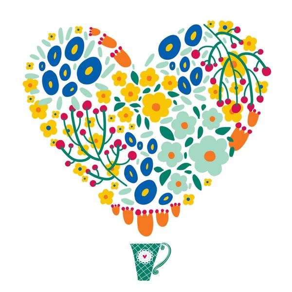 Roztomilé Květinové Srdce Kreslenými Květinami Jarní Čajová Párty Vektorová Ilustrace — Stockový vektor
