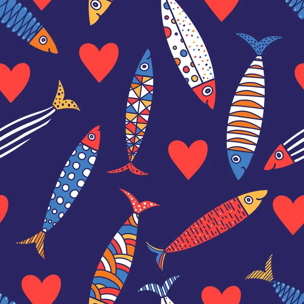 Cute Sardines Coeurs Fond Écran Pour Enfants Modèle Sans Couture — Image vectorielle