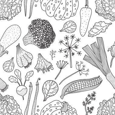 Puantiyeler ve sebzeler. Hoş renklendirme dekoratif kusursuz desen.