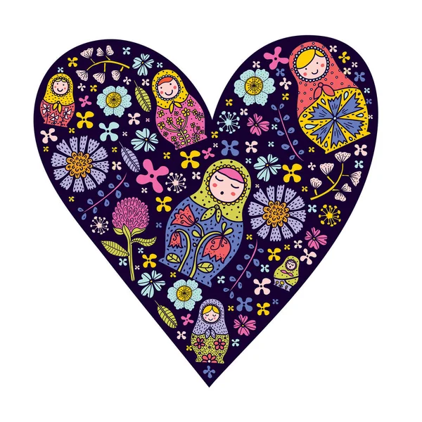 Russisches Herz Nette Illustration Matroschka Und Blumen Niedliche Babuschka — Stockvektor