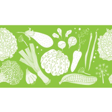 Sebzeler. Yeşil yatay, pürüzsüz sınır. Dekoratif resimleme.