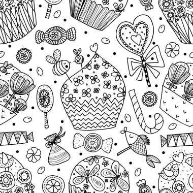 Şirin kek. Renksiz desen duvar kağıdı, desen dolguları, web sayfası arkaplanı, yüzey dokuları için kullanılabilir.