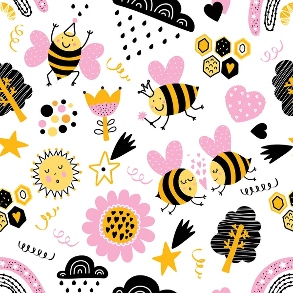 Dětský Vektorový Bezproblémový Vzor Včelami Duhou Hvězdami Květinami Nekonečný Vzor — Stockový vektor