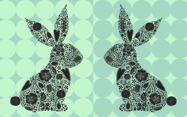 Paskalya Tavşanı 'nın çiçekli siyah silueti. Şirin vektör illüstrasyonu.