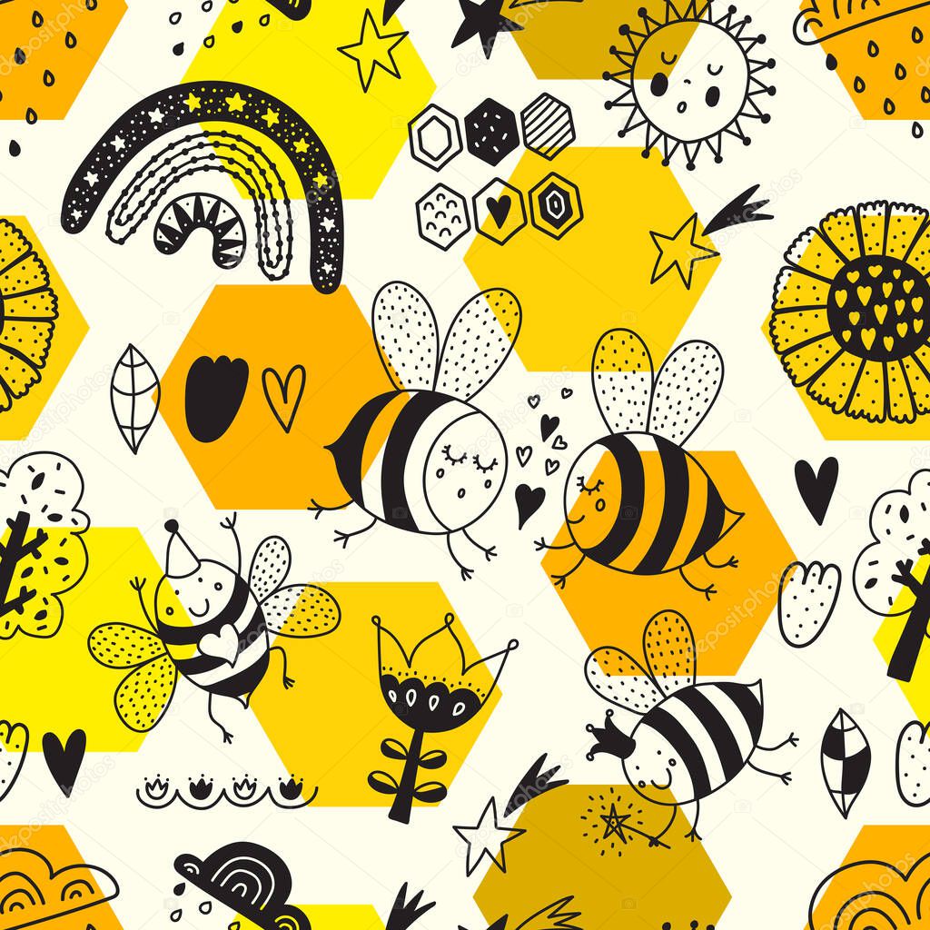 Cute line coloring pattern for kids with bees, rainbows and stars.