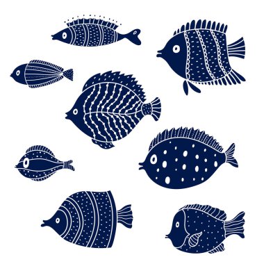 Şirin balık vektörü seti. Dekoratif çizim. Renkler.