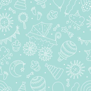 Bebek arabası ve çocuk oyuncaklarıyla çocuk doğrusal kusursuz desen. Tekstil endüstrisinde, kağıt, arkaplanda, koleksiyon defterinde kullanılabilir.