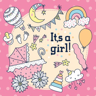 Bu bir kız! Bebek arabası ve çocuk oyuncakları ile çocuk doğrusal illüstrasyonu. 