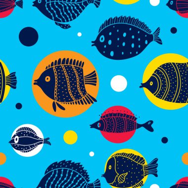 Şirin balık. Çocuk geçmişi. Kusursuz desen. Tekstil endüstrisinde, kağıt, arkaplanda, koleksiyon defterinde kullanılabilir.
