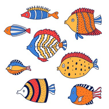 Şirin balık vektörü seti. Dekoratif resimleme. 