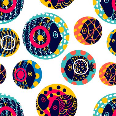 Şirin balık. Puantiyeli. Çocuk geçmişi. Kusursuz desen. Tekstil endüstrisinde, kağıt, arkaplanda, koleksiyon defterinde kullanılabilir.