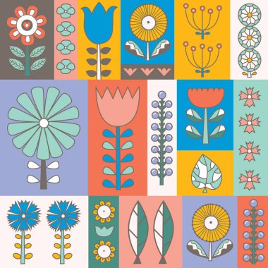 İskandinav tarzında klasik çiçekler. Yaz sebebi. Vektörsüz desen.