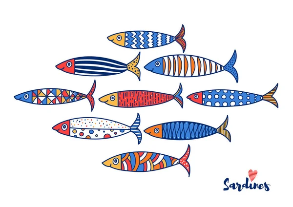 漂亮的鱼金卡 围绕着沙丁鱼的主题 — 图库矢量图片