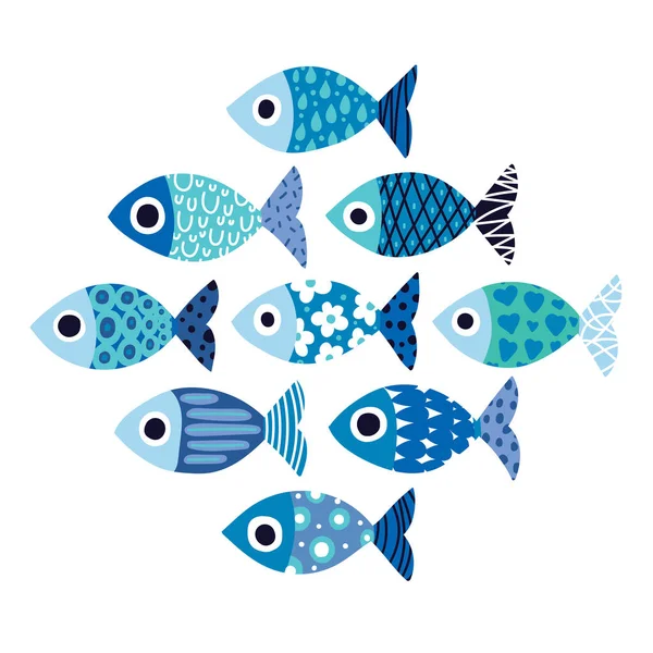 蓝色复古鱼的可爱海报 — 图库矢量图片