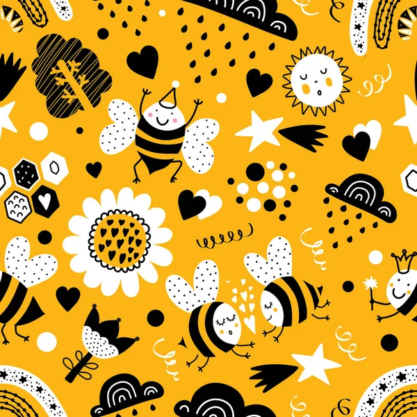 Nahtloses Muster Für Kinder Mit Bienen Regenbogen Sternen Und Blumen — Stockvektor