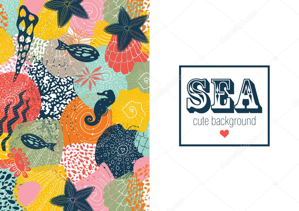 Vector frame with colorful sea motifs.Trendy style with copy space for text  design templates for social media stories,wallpapers,banners,posters.