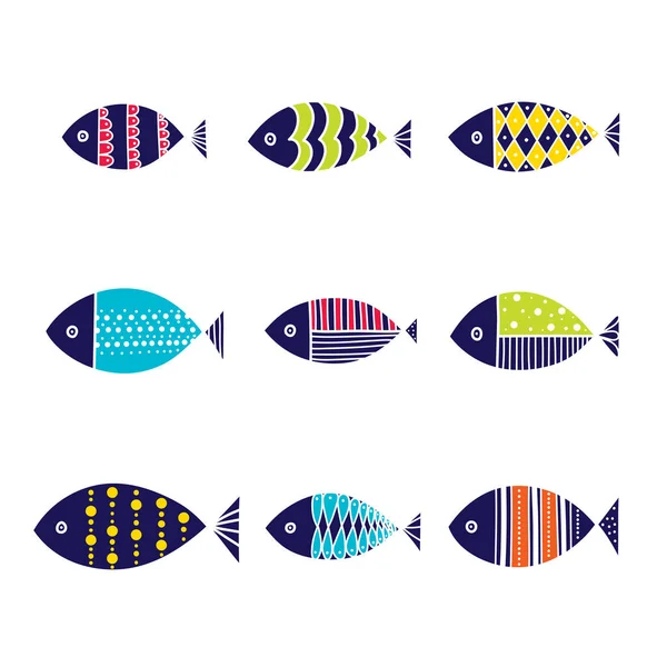 Peces Decorativos Azules Lindo Conjunto — Vector de stock