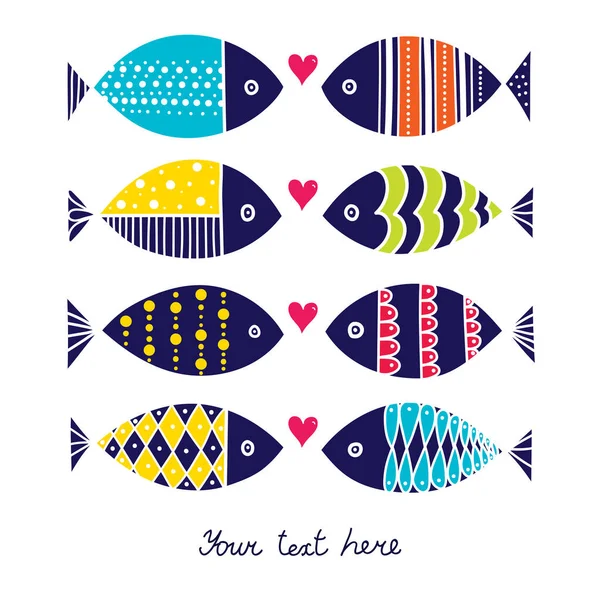 Cute Love Fish Card Sea Motif — Stock Vector