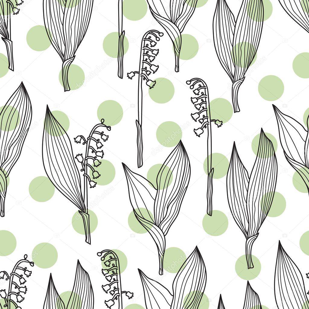 Lilies of the valley. Minimal botanicalhand drawning design. Floral line art. Cute floral seamless pattern. Vintage flowers illustration. Template for fashion prints.