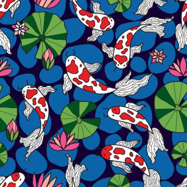 Dört geleneksel Japon koisi ve nilüferle kusursuz desen. Duvar kağıdı, şablon dolguları, web sayfası arkaplanı, yüzey dokuları için kullanılabilir.