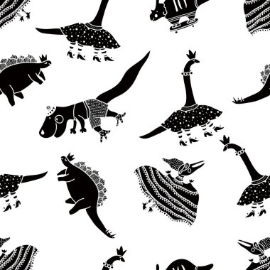 Dinozorlarla güzel, mutlu, pürüzsüz bir düzen. Sonu gelmeyen desen seramik fayans, duvar kağıdı, muşamba, tekstil, web sayfası arka planı için kullanılabilir