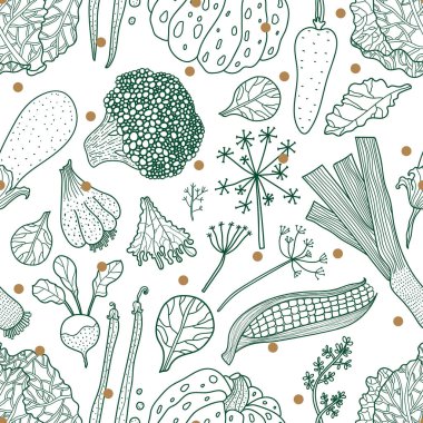 Puantiyeler ve sebzeler. Güzel dekoratif, pürüzsüz desen..