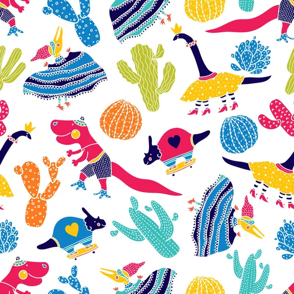 Beautiful happy seamless pattern  with dinosaurs. Endless pattern can be used for ceramic tile, wallpaper, linoleum, textile, web page background