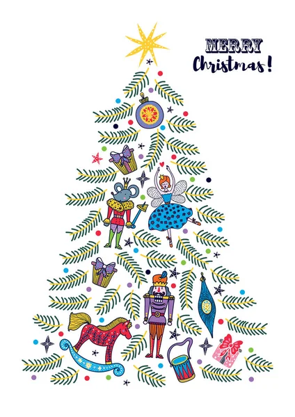 Χριστουγεννιάτικο Δέντρο Παιχνίδια Από Τον Καρυοθραύστη Μπαλέτου Χριστουγεννιάτικη Απεικόνιση — Διανυσματικό Αρχείο