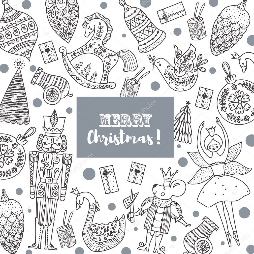 Christmas card the Nutcracker. Magic vector illustration. Coloring page.