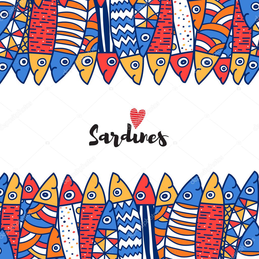 Lovely sardines. Postcard with colorful fish.
