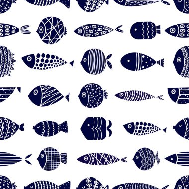 Şirin mavi balık. Çocuk geçmişi. Kusursuz desen. Tekstil endüstrisinde, kağıt, arkaplanda, koleksiyon defterinde kullanılabilir.