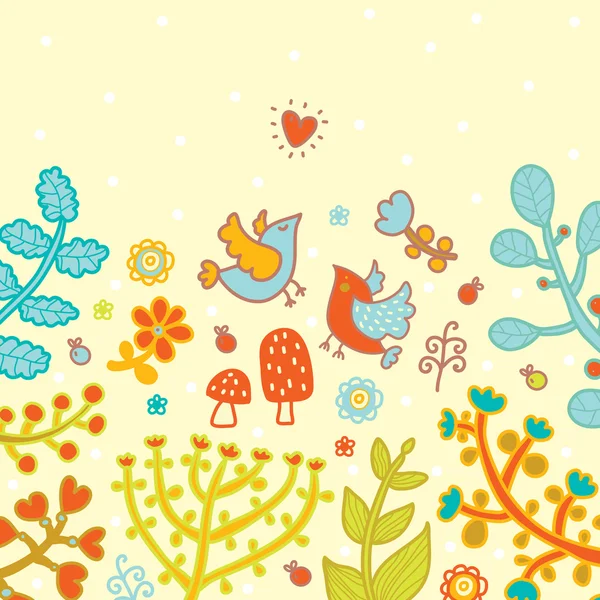 Cartão postal com aves e plantas — Vetor de Stock