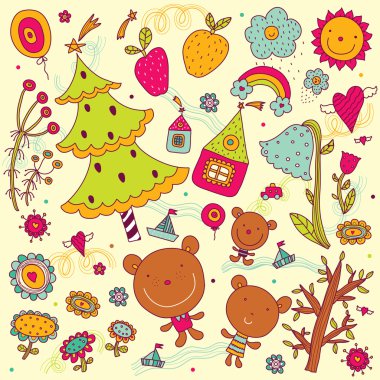 Noel ağacı, oyuncak ayılar ve bitkiler