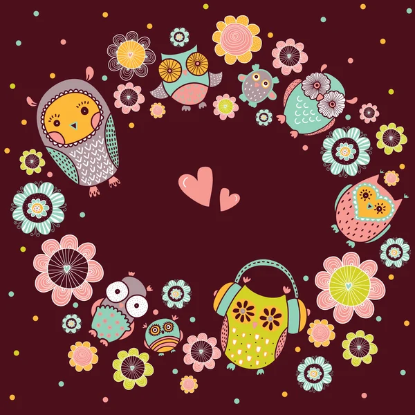 Chouettes mignonnes avec des fleurs — Image vectorielle