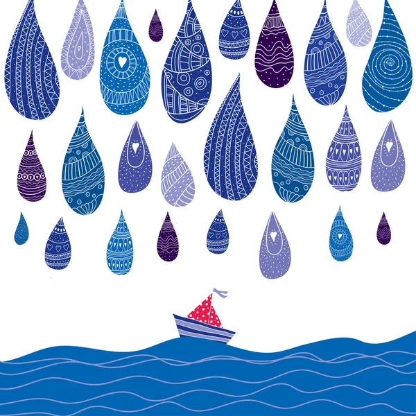 Sailing boat and rain. — Stock Vector