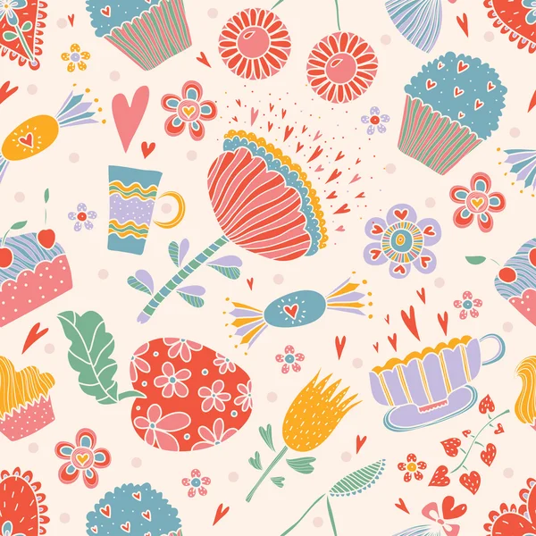 お菓子と花のパターン. — ストックベクタ